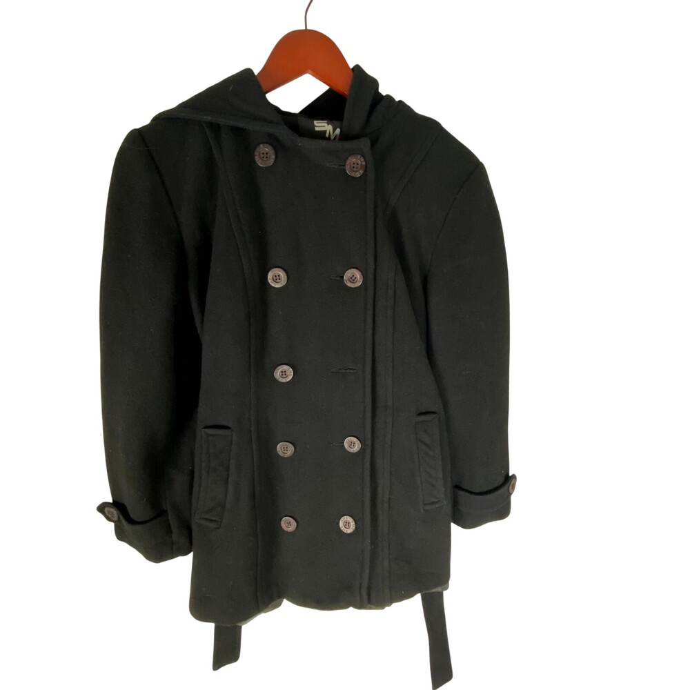 Vintage SM2 Peacoat Jacket Womens Medium Black Hood Belted Wool Double Breasted